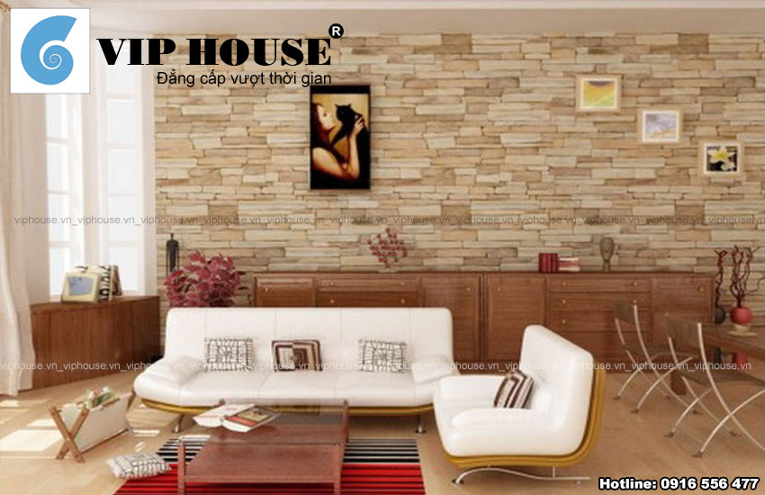 Thiết kế nội thất phòng khách với điểm nhấn tường đá 
